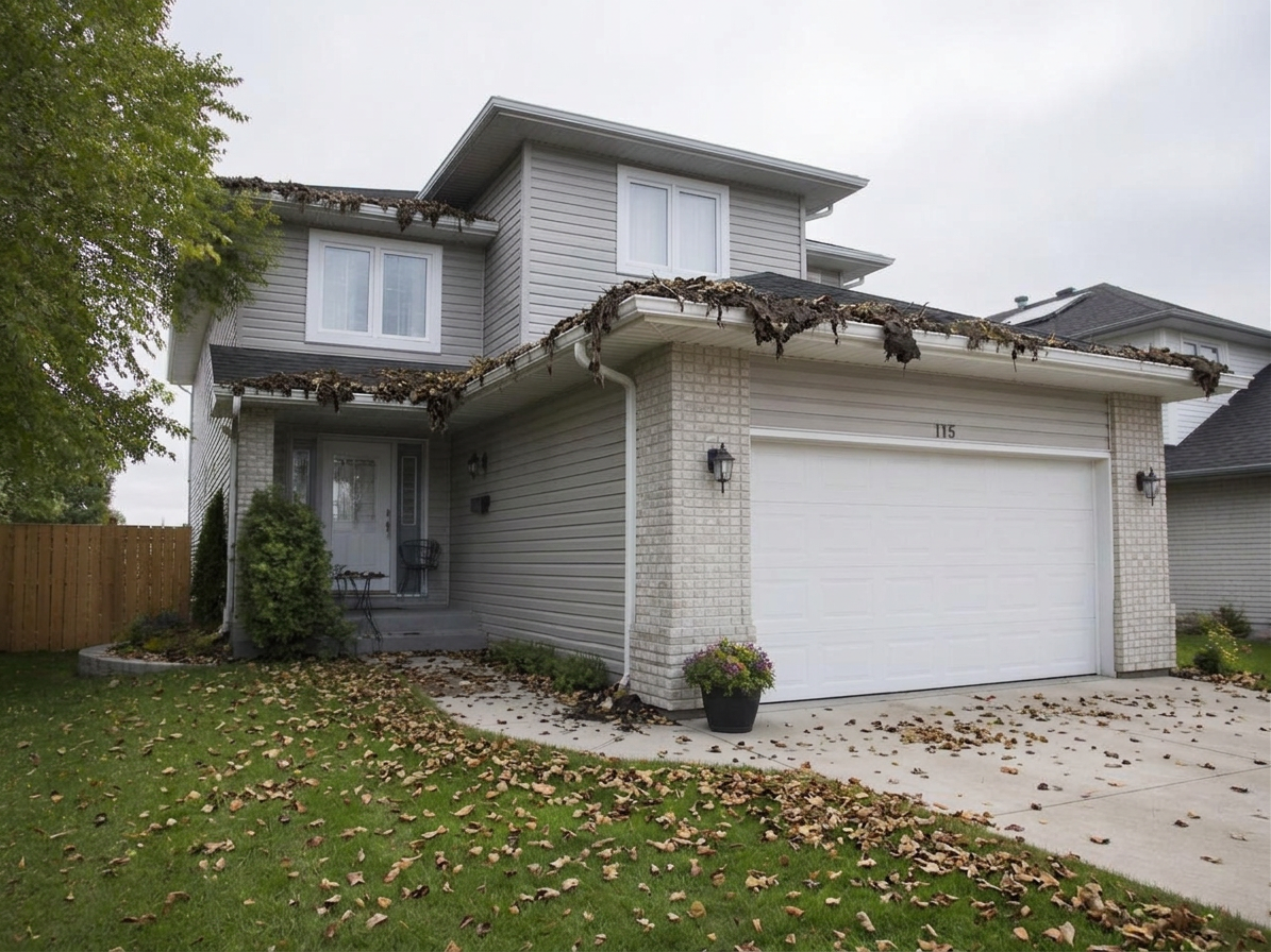 Residential eavestrough before and after cleaning — before