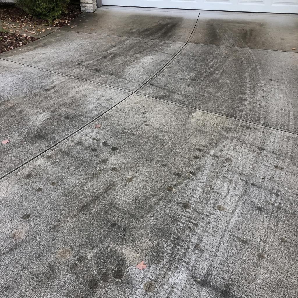 Concrete driveway before and after pressure washing — before