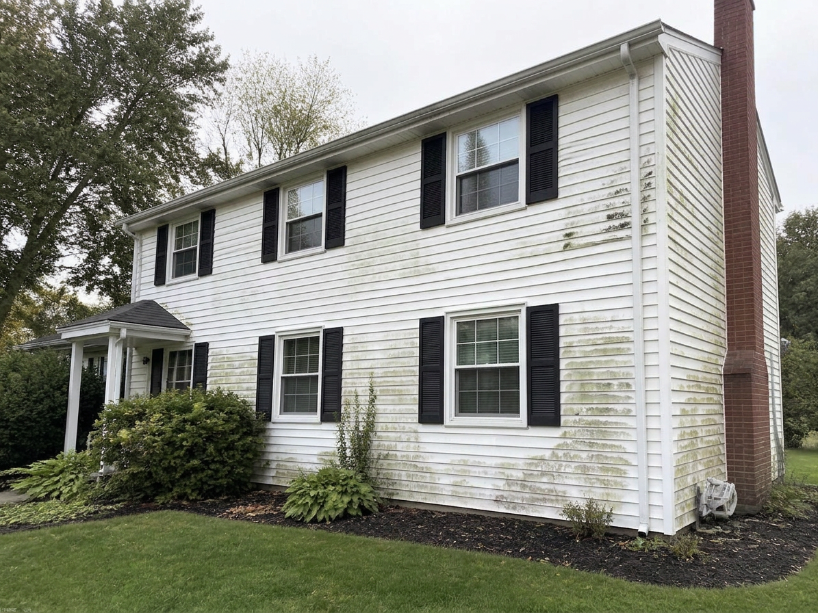 House siding before and after cleaning — before