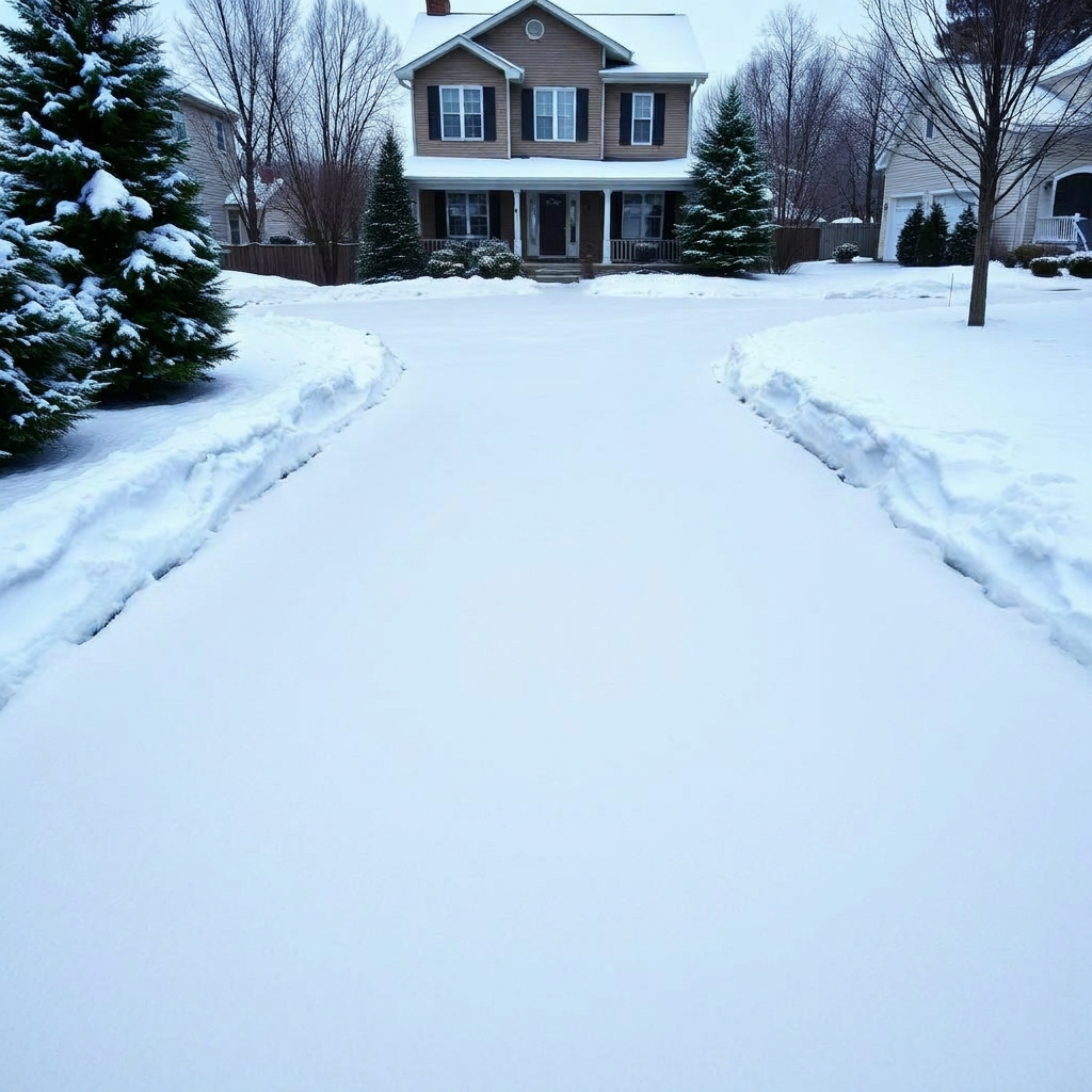 Residential driveway before and after professional snow removal — before