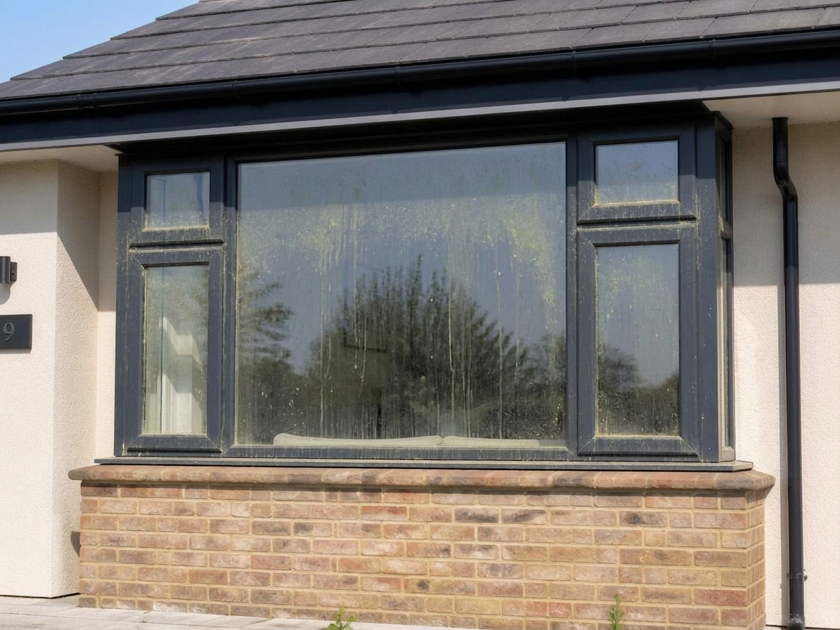 Residential window before and after cleaning — before